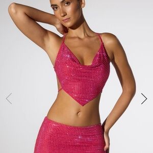 oh polly pink embellished cowl neck top and low rise mini skirt